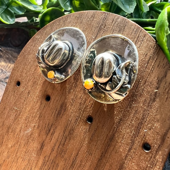 925 Sterling Silver Cowboy Hat Stud Earrings |Bumblebee Jasper | Southwestern